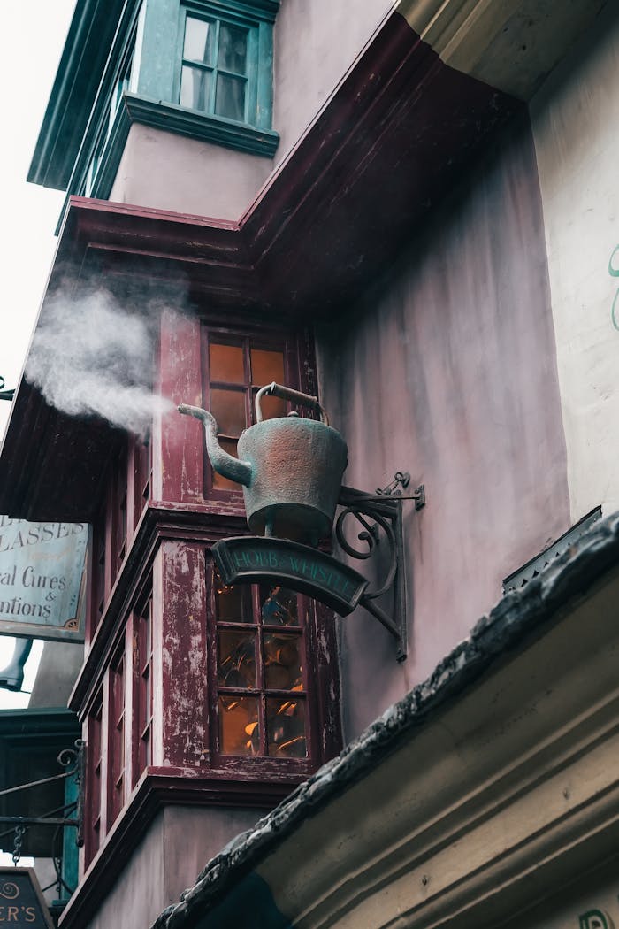 Detailed view of a whimsical shop facade in Diagon Alley, Universal Studios Orlando.